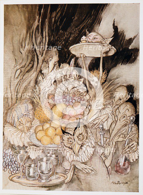 Enter several strange Shapes, bringing in a banquest ….inviting the King, etc. to eat, illustration 