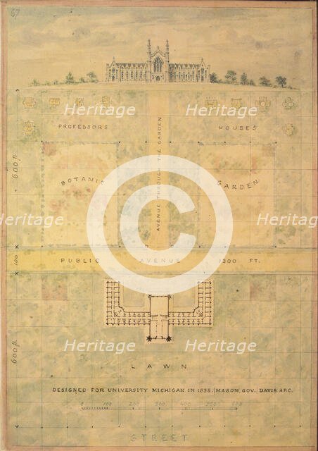Design for University of Michigan (elevation and plan of building and grounds), ca. 1838. Creator: Alexander Jackson Davis.