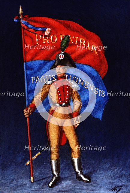 Flag bearer from the canton of Tessin, c. 1809. Color engraving from 1943, published by Editions …