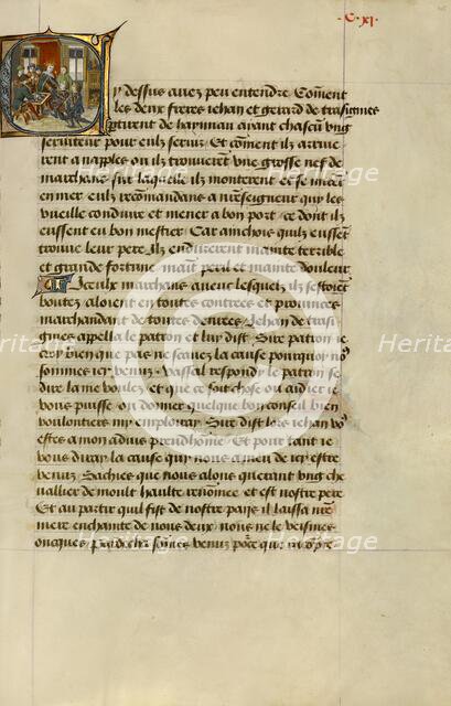 Initial C: Gillion's Sons Kneeling before the King of Cyprus; Roman de Gillion de Trazegnies, 1464. Creators: Lieven van Lathem, David Aubert.