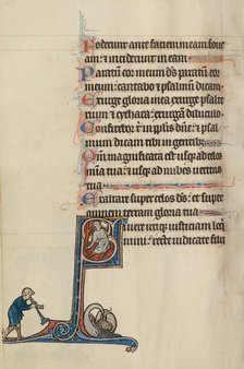 Initial S: A Devil Speaks to a Man with a Rod; Bute Psalter, text and illumination about 1285. Creator: Bute Master.