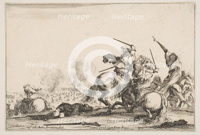 A skirmish, two horsemen battling with swords to the right, men carrying a flag runnin..., ca. 1645. Creator: Stefano della Bella.