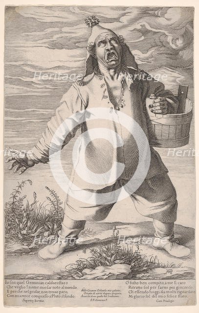 Geminiano Caldarostaro crying out and holding a tub, with a tasseled hat , ca. 1597-1601. Creator: Francesco Villamena.