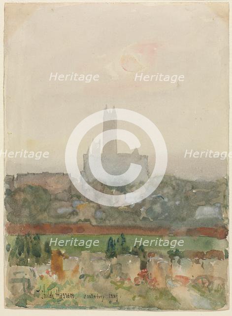 Canterbury Cathedral (recto); Hands Holding a Book (verso), 1889. Creator: Childe Hassam (American, 1859-1935).