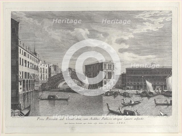 The Rialto Bridge, Venice, with boats and gondolas in the water, 1763. Creator: Giovanni Battista Brostoloni.