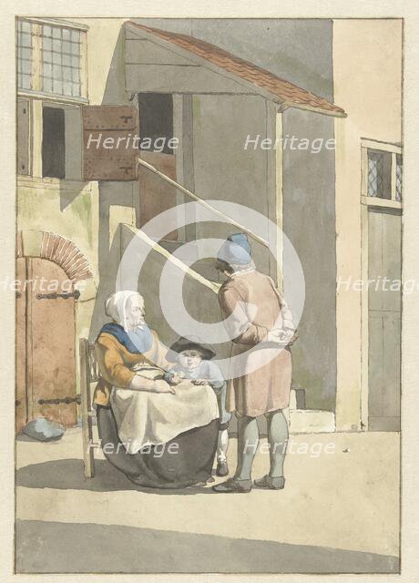 Boy and woman with child outside a house, 1700-1800. Creator: W. Barthautz.