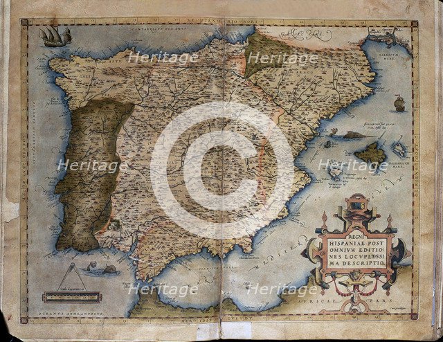  'Theatrum Orbis Terrarum' by Abraham Ortelius, Antwerp, 1574. Map of the Iberian Peninsula.