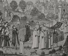 Count Renier bearing the body of Saint Veronica to Saint Waltrude Collegiate...1446-48 (1877).  Creator: Jules Jean Marie Joseph Huyot.