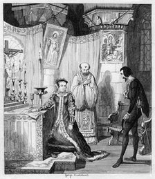 Queen Mary at the instance of Simon Renard affiancing herself to Philip of Spain, 1840. Artist: George Cruikshank