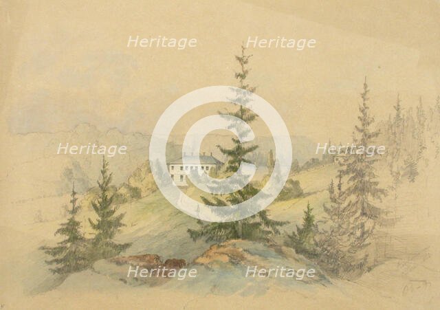 Forest landscape with farmhouse and lake with sailing boat in the distance, 1870-1892. Creator: Lars Theodor Billing.