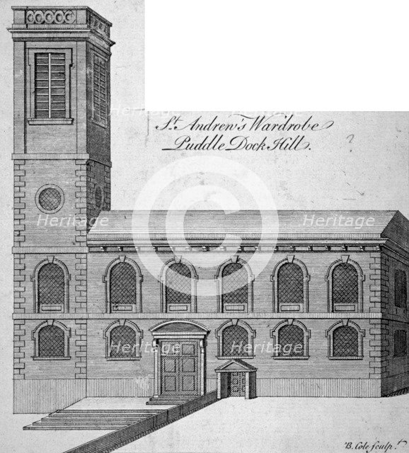Exterior view of St Andrew by the Wardrobe, City of London, c1750.   Artist: Benjamin Cole