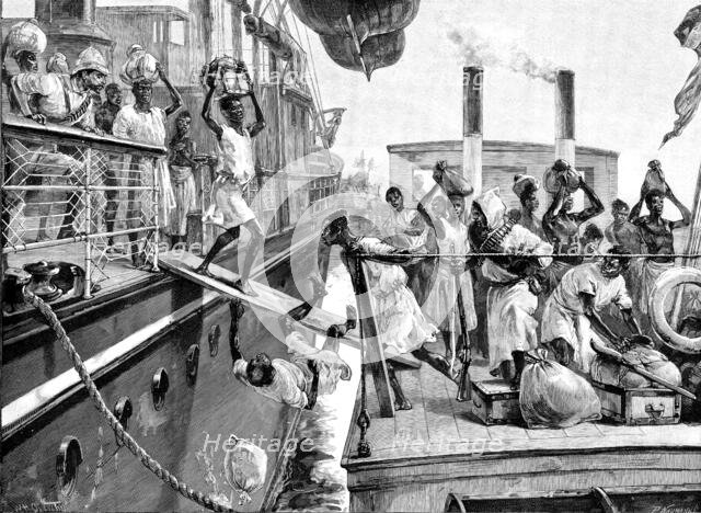 Emin Pasha Relief Expedition, Banana Point..transferring passengers to a Congo River steamboat, 1890 Creator: P Naumann.