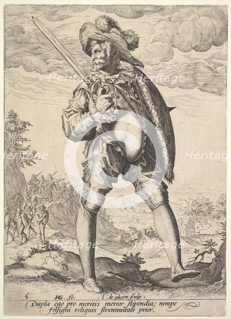 Soldier, Armed with Broadsword and Shield, from Officers and Soldiers, 1587. Creator: Jacques de Gheyn II.