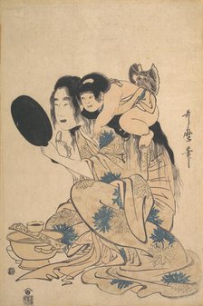 Yamauba blackening Her teeth and Kintoki, ca. 1795. Creator: Kitagawa Utamaro.