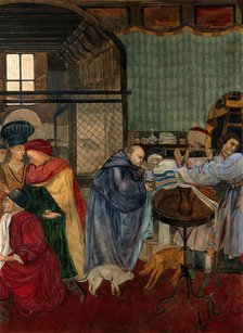 Hospital of Santa Maria della Scala, Siena: a monk receiving the confession of a dying man, c1912. Creator: Unknown.