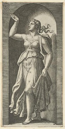 Faith personified by a woman standing in a niche, pointing to rays in the upper lef..., ca. 1515-25. Creator: Marcantonio Raimondi.