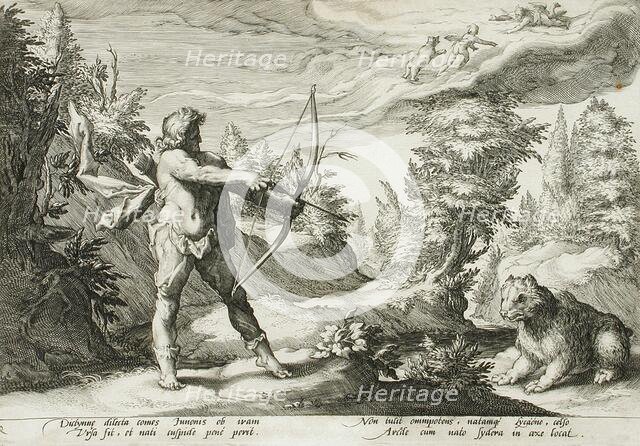 Arcas Preparing to Kill his Mother, Changed into a Bear, published 1590. Creator: Hendrik Goltzius.