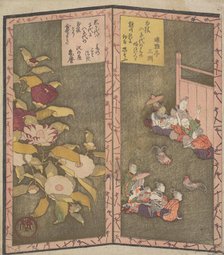 Camellia Flowers (left); People Watching a Cockfight (right), ca. 1820., ca. 1820. Creator: Shinsai.