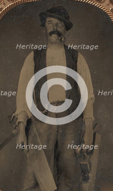 Carpenter with Saw, Hammer, and Jointer, 1860s-70s. Creator: Unknown.