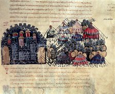 Byzantine besieging Messina, miniature in 'Scylitzes Matritensis', (facsimile edition of the orig…