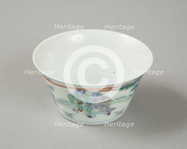 Doucai flared cup with two figures in a landscape, late Kangxi period (1700-1722). Artist: Unknown.