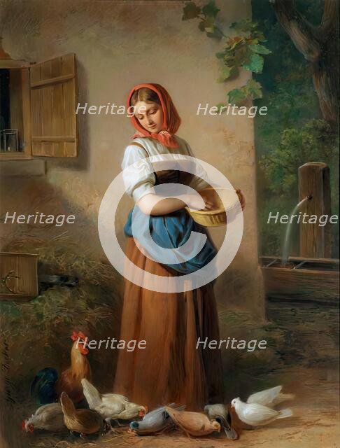 A girl feeding chickens and pigeons, around 1850/1855. Creator: Georg Decker.