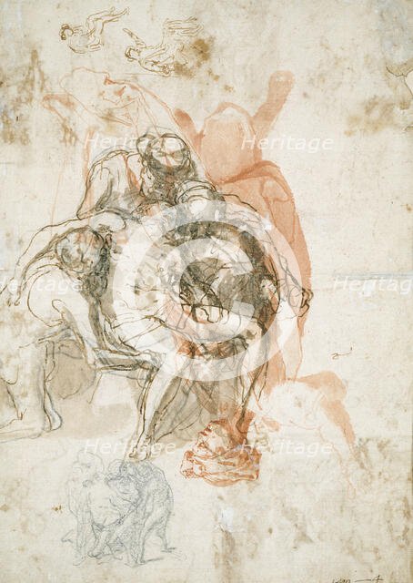 Three Figures Supporting a Man, Smaller Sketch of the Same, and Studies for the..., c.1558. Creator: Taddeo Zuccaro.