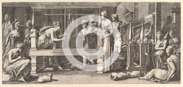Women spinning, weaving and sewing, 1540-50. Creator: Master FG.