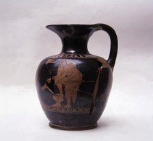 Oinoche of Attic red-figure pottery, Theseus between two warriors, in the Iberian necropolis of A…