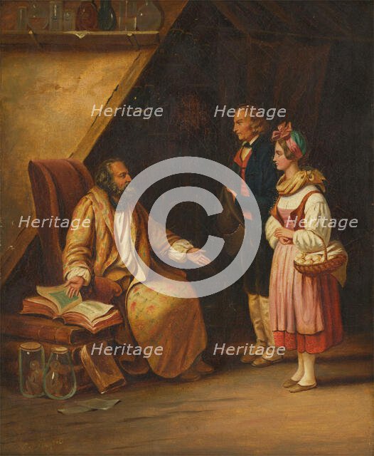 A young couple visit a savant who consults ancient volumes in order to provide counselling...(1833?) Creator: Edouard Pingret.