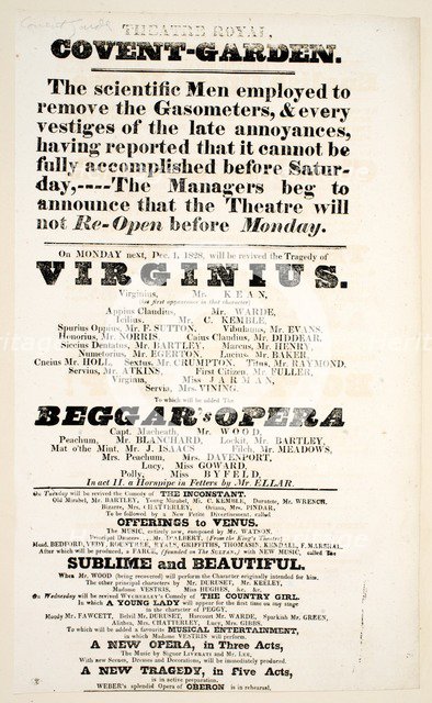 Playbill for the Theatre Royal Covent Garden, 1828. 