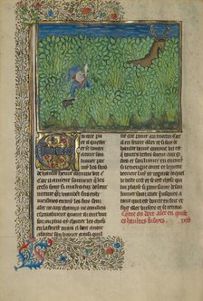 A Hunter and a Dog Tracking in a Thicket; Livre de la Chasse, about 1430-1440. Creator: Unknown.