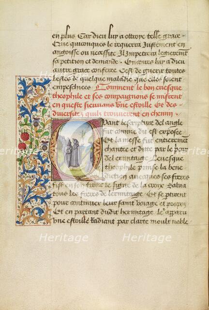 Initial Q: Bishop Theophilus Beholding the Stars which Will Lead Him to the Tomb..., about 1465-1470 Creators: Master of the Brussels Romuléon, Workshop of the Master of the Brussels Romuléon.