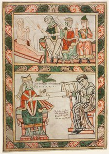 Title Page of St. Gregory's "Moralia": Job Visited by His Three Friends (above)..., c. 1143-1178. Creator: Abbot Frowin (Swiss), probably by.