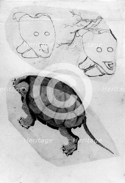 Two Sketches: One of a Turtle, the Other of Two Unidentified Objects, 18th-19th century. Creator: Hokusai.