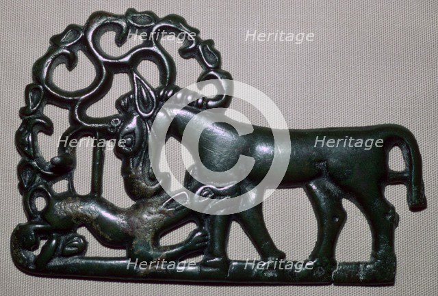 Chinese third century BC bronze plaque, depicting an animal attacking a horse. Artist: Unknown