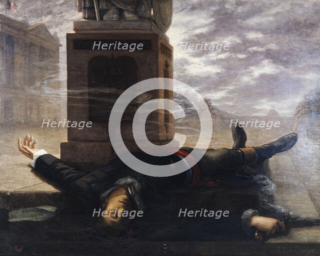 La mort de Victor Bach, le 18 brumaire, au pied de la statue de la Liberté, place de la..., c1895. Creator: J Le coeur.