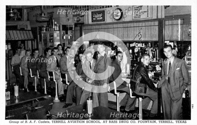 Group of RAF cadets at Bass Drug Co Fountain, Terrell, Texas, USA, 1942. Artist: Unknown