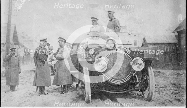 Nicholas II of Russia, Grand Duke Nicholas Nikolaevich and General Count Georgi Bobrinsky at the fro Artist: Anonymous  