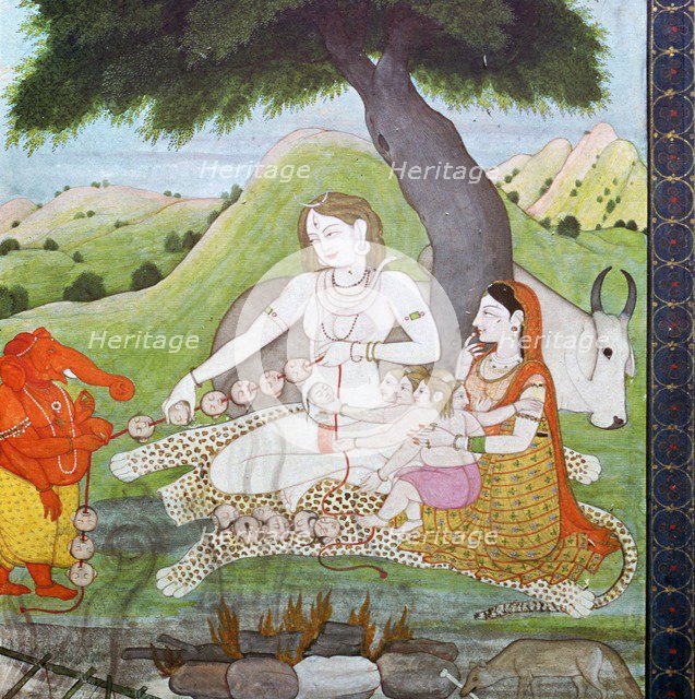 Holy family at the Burning Ground, showing Siva, Parvati, and Ghanesh, 19th century. Artist: Unknown
