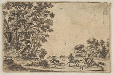 Plate 4: a deer hunt, two horsemen galloping towards the rightbehind three dogs and ..., after 1642. Creators: Stefano della Bella, Unknown.