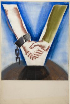 Arms with hands clasped, the arms forming a V-shape, superimposed on globe, between 1939 and 1946. Creators: Unknown, Central Office of Information.