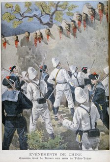 Fourteen heads of Boxers on the walls of Tchio-Tchao, China, 1900. Artist: Oswaldo Tofani