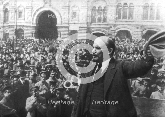 Lenin addressing a crowd in Red Square, Moscow, Russian Revolution, October 1917. Artist: Unknown