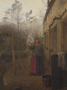 Woman Sweeping the Yard outside the Inn at Vaugirard, 1865. Creator: Leon Bonvin.