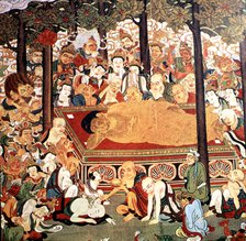 Buddha on his deathbed surrounded by his disciples and animals expressing their pain. Painting, c…