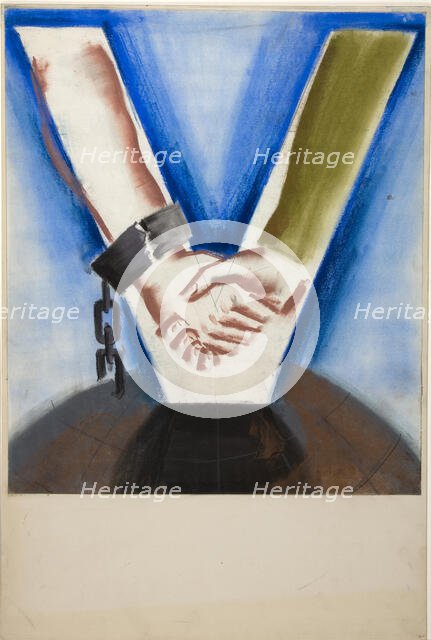 Arms with hands clasped, the arms forming a V-shape, superimposed on globe, between 1939 and 1946. Creators: Unknown, Central Office of Information.