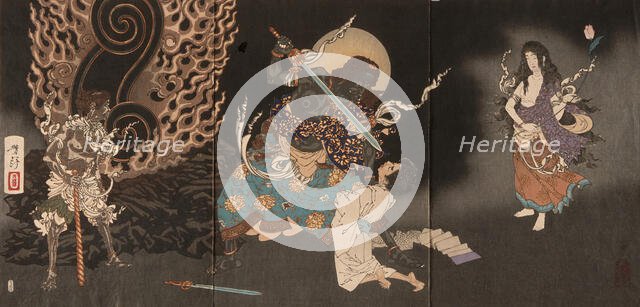 Fudo Threatening Yuten with His Sword, 1885. Creator: Tsukioka Yoshitoshi.