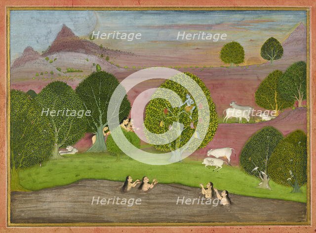 Krishna steals the clothes of the gopis, folio from a Bhagavata Purana, ca. 1690-1700. Creator: Unknown.