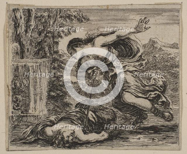 Pyramus et Thisbe, from 'Game of Mythology' (Jeu de la Mythologie), 1644. Creator: Stefano della Bella.